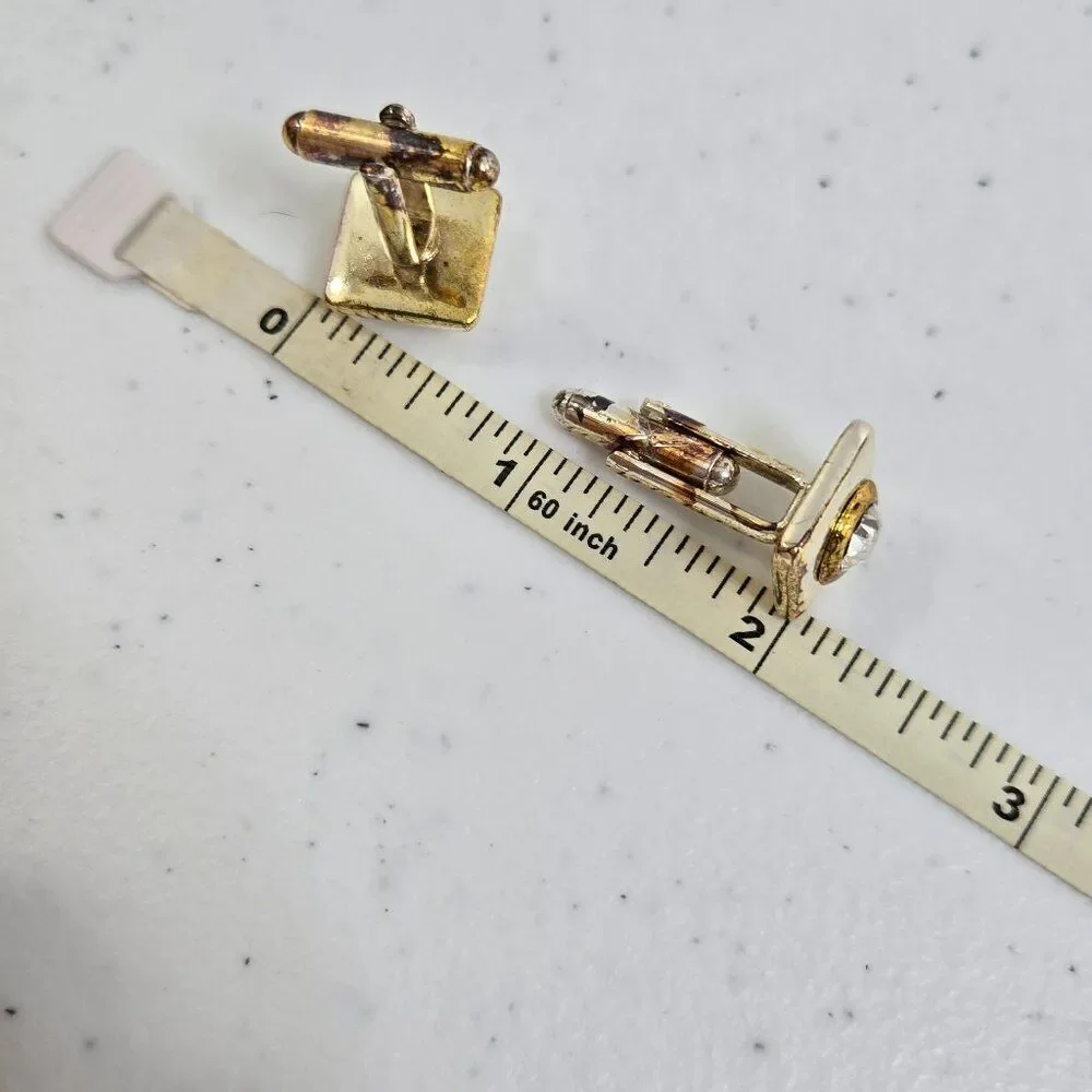 Cufflinks Gold Tone Vintage MCM Clear Rhinestone Basic Square Silver Tone